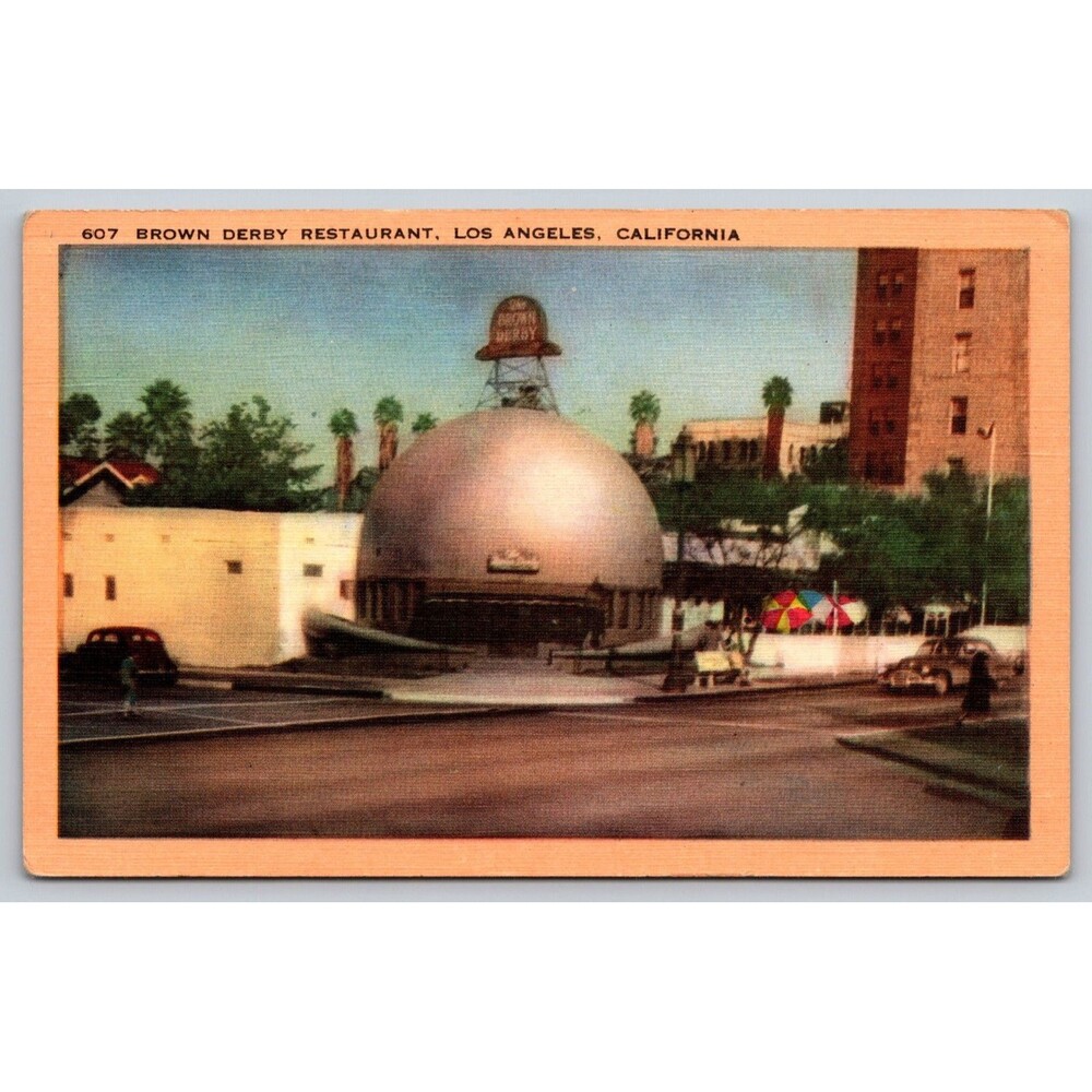 Vtg Linen Postcard Brown Derby Restaurant Los Angeles CA Longshaw #607 Unposted